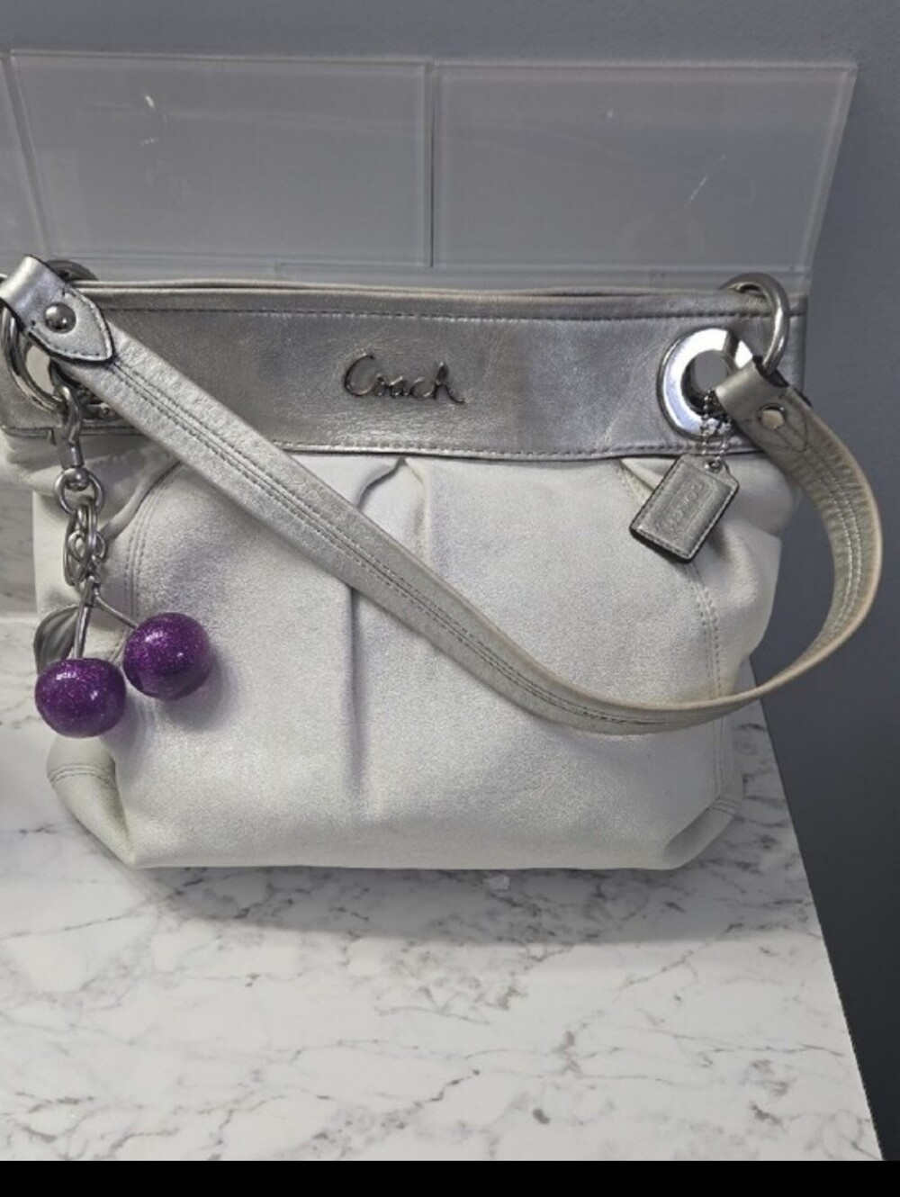 Coach Vintage Leather White and Silver Shoulder Bag with Purple Charm